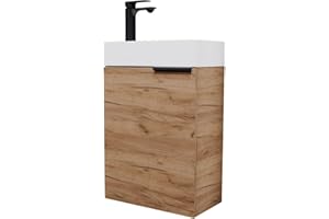 ‎PLANETMÖBEL Planetmöbel Waschtisch mit Unterschrank 40 cm Waschbeckenunterschrank, Badmöbel-Set mit Waschbecken für kleine Bäder, Gäste WC, Gold Eiche (inkl. Armatur schwarz matt)