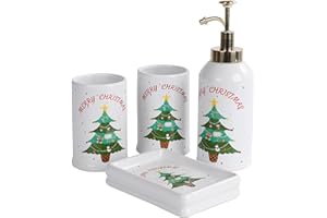 Santentre Set Accessori Bagno Completo Natalizi 4 Pezzi - Dispenser di Sapone, Porta Spazzolino, Bicchiere, Porta Sapone, Ceramica, Decorazione Accessori Bagno, Albero di Natale