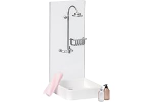 LUNDBY Dolls House Furniture Bathroom Set – Shower Cubicle + Towel + Shampoo + Soap – Doll House Accessories – 4-piece set for 11cm Mini Dolls – Age 4+ 1:18