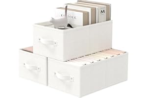 GUOHNHE Fabric Storage Boxes for Shelves, 3 Pack Foldable Cloth Bins, Closet Organizers System with 2 Handles, Durable and Sturdy, Saving Space, White & Ivory, 41 x 25 x 16.5 cm, XSNY11WM-3