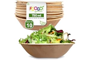FOOGO Green 10pcs Bols Jetables en Feuille de Palmier, 20cm, 750ml, pour Desserts & Salade, Rond, Écologique Biodégradable Compostable, Comme Bols Bois, Bambou et Papier, Fête, Apéritifs
