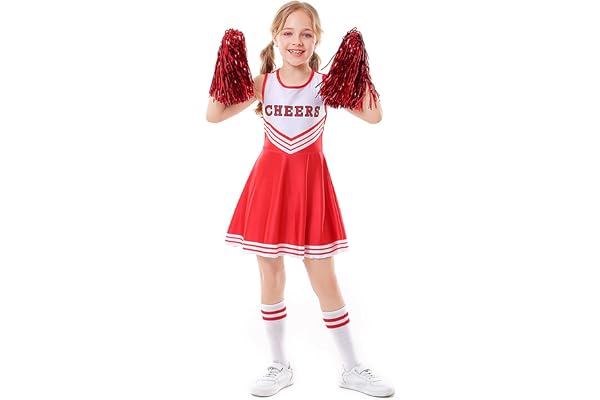 LOLANTA Deguisement Pompom Girl Enfant,Costume Cheerleader Fille de Carnaval avec Pompons
