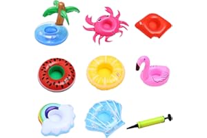 SSKHE 8-Piece Inflatable Drink Holders Set, with Air Pump, Tropical Flamingo/Palm Tree/Pineapple Designs, Floating Cup Holders for Pool Parties, Beach Family Water Fun, Easy Inflation, Reusable
