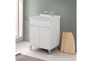 INBAGNO Mobile Lavatoio 60x50 Cm Bianco Lucido Way Con Vasca In Ceramica Dolomite, Struttura Già Montata In Legno Nobilitato Con 2 Ante E Apertura A Gola Asse Non Inclusa