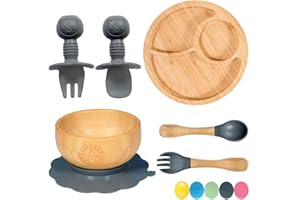 77STAR 77 Star Bamboo Baby Weaning Set, Baby Suction Bowl, Suction Plate Baby, Spoon & Fork, Strong Detachable Suction Base Baby Feeding Set, Non-Slip Bamboo Bowl & Baby Plates with Suction (Grey)