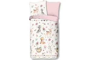 ‎AMINATA KIDS Aminata kids Bettwäsche Tiere Tier-Motiv 135x200 Kinder Cartoon-Style Mädchen - rosa - Reißverschluss - süße Wende-Kinder-Bettwäsche Set Waschbär, REH-Kitz & Fuchs