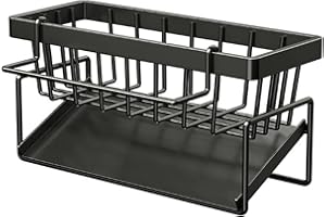 Litinliv Organizador de Fregadero, Negro Multifuncional 2 en 1 Estante de Renaje de Esponja, Sink Caddy, Soporte Estropajo Fregadero de Cocina Acero Inoxidable para Almacenamiento de Trapos, Negro