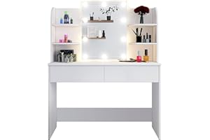 BESTWANTED Dressing Table,Modern Makeup Table with LED Lights,Mirror,2 Drawers,6 Open Shelves,Makeup Desk Vanity Table for Girls (White)