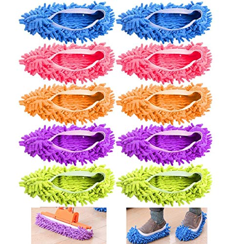EigPluy 10 PCS/5 Pares Plumero Fregona Zapatos Cubierta, Multi Función Chenille Fibra Lavable Polvo Fregona Zapatillas Piso Limpieza Zapatos para Baño, Oficina, Cocina, Casa Pulido Limpieza