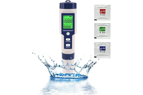 OPSLEA PH-Mètre, 5 En 1 PH/TDS/EC/Salinité/Tempmètre, Testeur De Moniteur De Qualité De L'eau Pour Piscines, Culture Hydroponique, Eau Potable, Aquariums