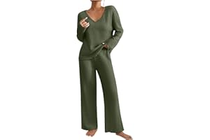 AMhomely Lounge Sets for Women UK Tracksuits Knitted Outfit Oversized Long Sleeve Solid Color Tops Wide Leg High Waist Trousers Pants Fluffy Cosy Pyjamas Holiday Dailywear