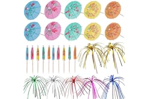 Dacitiery 120 Stück Cocktail Party Dekorationen, 100 Stück Cocktail Picks Feuerwerk Sticks und 20 Stück Papierschirmstäbchen, Bunte Cocktail Dekoration für Geburtstagsbars Hochzeit Getränke Obst Party