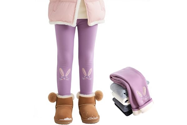 Domueay Termoleggings flickor fodrade varma leggings, storlek 104-146 | Långa byxor med fleece tjocka, barn bomull elastiska vinterbyxor, kaninmönster termobyxor skola utomhus sport jogging