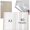 hocadon Porte-Documents A3 avec Pochettes Transparentes Classeur DIN A3 Livre D'affichage Avec 40 Pochettes Transparentes pour 80 Fuilles Pour œuvres d'art, Fournitures de Bureau