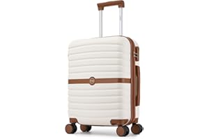 Kono Cabin Suitcase 55x40x20 Lightweight ABS + PC Hard Shell Carry On Trolley Case Small Travel Hand Luggage with 3 Digit Combination Lock Spinner Wheels (Cream/Brown)