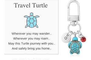 LASUROA Travel Turtle Keychain, Cute Turtle Keyring with Red Gemstone & Encouragement Card Creative Name Initials Sea Turtle Pendants Good Luck Key Chain Gift for Family Friends
