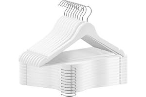 ABHENG AWY0320W Wooden Clothes Hangers with Non-Slip Trouser Bar and 360° Rotating Hook, Notches in the Shoulder Area, Made of Natural Wood, 44.5 W x 23 H cm, White + Silver, Pack of 20
