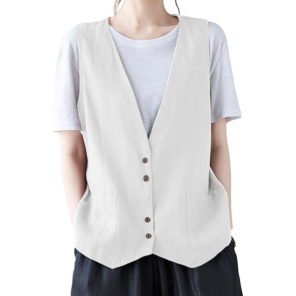Gilet Di Lino Donna Vintage - Senza Maniche Con Scollo A V, Stile Letterario Casual - Foto 6