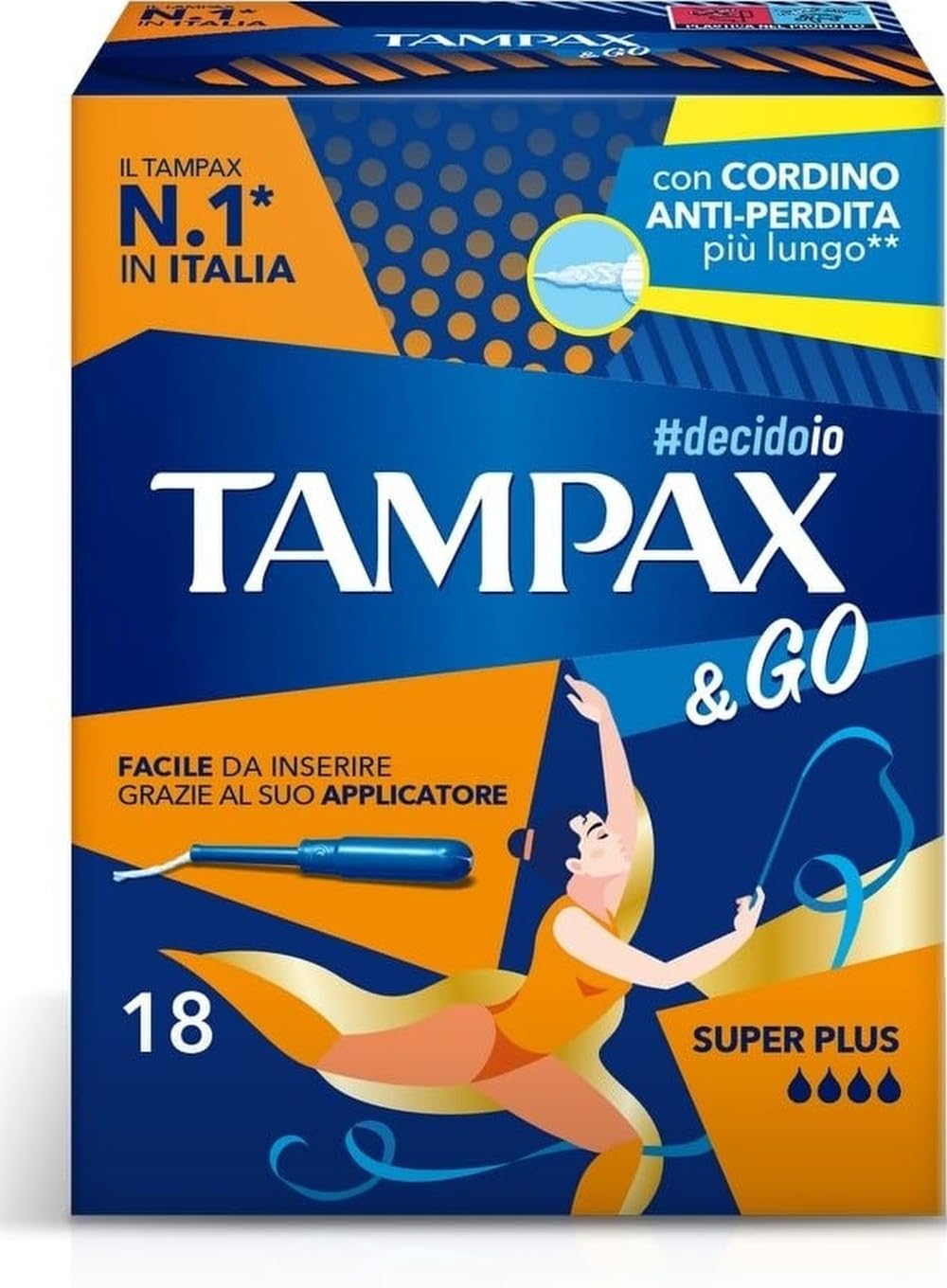 Tampax & Go Super Plus, 18 Assorbenti Interni con Applicatore in Plastica | Presa Antiscivolo e Doppio Cordino Protettivo, Ginecologicamente Testati, ideali per Flusso molto Abbondante