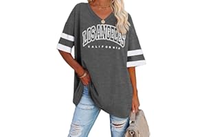 Tomwell Damen Los Angeles Brief T-Shirt mit V-Ausschnitt Kurzarm Sport Sommer Rundhals Oversized Oberteile Drucken Sweatshirt Lose Bluse Tunika Lang für Teen Girls Top