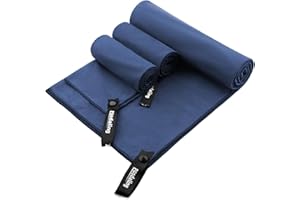 FOSDALING Mikrofaser Handtuch 3er Set - Groß 200*100cm & 2 Klein 80×40cm, Schnelltrocknend Microfaser Sporthandtuch, für Reisehandtuch, Badetuch, Fitness & Sport Handtücher und Strandtuch (Marineblau)