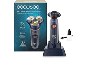 Cecotec Afeitadora Rotativa PrecisionCare Aluminium Pro. Autonomía 80mins, Pantalla LCD, Cuchillas de Titanio, 8000rpm, Resistente al Agua IPX6, Tecnología Doble Cuchilla, Base de Carga