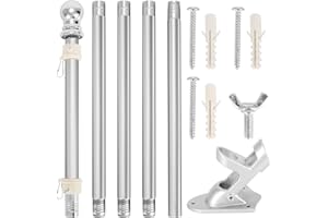 LUNEKUCK Flag Pole 6 FT Flagpole Holder Stainless Steel with Bracket Rustproof and Rotating Rings Multi-Angle of 45° and 90°, Adjustable Flagpole for Outdoor Wall Yard Garden Wall Mounted, Easy to Install