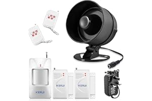 KERUI Shed Alarm, Loud House Alarm Systems 115dB, Standalone Home Security Systems with Door Window Alarm Sensor, Motion Sensor Remote Control, Wireless Weatherproof Siren Horn for Garage
