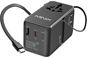 MINIX Uniwersalny adapter podróżny 100 W z chowanym kablem USB C, PD 3.0 GaN III, porty USB-C * 3 USBA * 1, gniazdo AC, globalna ładowarka podróżna do laptopów, tabletów i telefonów