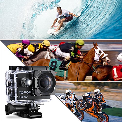 TOPOP Action Kamera 12MP Full HD 1080p Sports Kamera 2.0 Zoll LCD Display 170 Grad Weitwinkel Fisheye Linse 30m Tiefe wasserdicht Helmkamera mit Zubehör Kits - 8