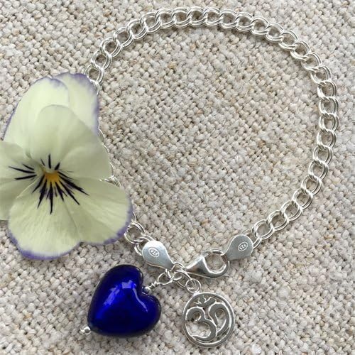 Diana Ingram bracelet with dark blue (cobalt) Murano glass small heart charm & om charm on Sterling Silver double-curb chain