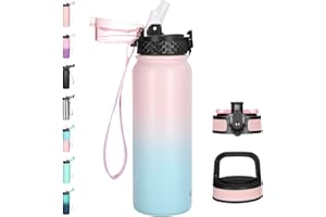 GOPPUS Butelki na wodę dla dzieci ze słomką stal nierdzewna izolowana próżniowo metalowa butelka 600 ml butelki termiczne podwójne ścianki i butelki bez BPA 3 pokrywki (pokrywka słomkowa, pokrywka na karabińczyk) (różowo-niebieski gradient)