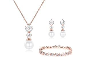 CRASLYMO Jewellery Set Silver 925 for Women Wedding Jewellery Set Pearl Earrings Necklace Bracelet Golden/Rose Gold Bridal Jewellery Set with 5A Sparkle Cubic Zirconia Gift for Bride Bridesmaid