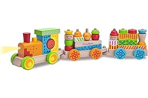 Eichhorn 100002236 - Trenino in Legno Colorato con Luci e Suoni, Completo di Formine Impilabili, 59 cm