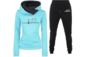 GENERICO Donna Tuta Sportiva Set Stampa Forma di Cuore Maniche Lunghe Felpa con Cappuccio e Jogging Pantaloni Invernale Abbigliamento Cotone Elegante Fitness Completo Sportivo Tuta Ginnastica 2 Pezzi Curvy