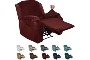 XINEAGE 4 Pieces Velvet Recliner Slipcover Stretch Recliner Chair Cover with Side Pocket Anti-Slip Fitted Recliner Cover Couch Furniture Protector with Elastic Bottom (Recliner, Wine Red)