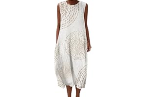UDBEKSID Cheesecloth Summer Dresses for Women UK Floral Midi Dress Cotton Linen Loose Fit with Pockets Sleeveless Italy Casual Beach Ladies Clothing Women's Italian Style Sundress Lightweight Holiday Outfits