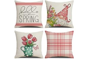 KSSKEN Fundas Cojines 45x45cm, Juego de 4 Fundas de Cojines Algodón Lino Decorativa Hogar Almohadas Fundas para Sala Sofá Cama Decoración - Rosa Primavera