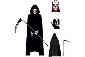 Atsmoce® Costume Halloween Morte Adulti e Bambini, Costume da Tristo Mietitore, Costume da Grim Reaper, Mantello Nero con Cappuccio, con Maschera/Guanti/Falce, Unisex, Nero