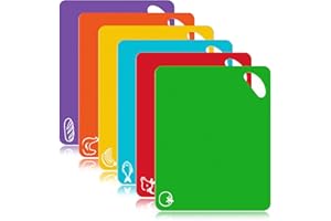 MixcMax Kitchen Plastic Cutting Board Set: Extra Thick Flexible Chopping Board, Kitchen Gadgets for Gifts with Colour Coded & Holder, Camping Cooking Equipment, Dishwasher Safe, Set of 6, Colourful
