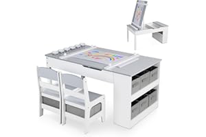 GRAVFORCE Kindertisch mit 2 Stühlen, Maltisch & Basteltisch Kinder mit anhebbarer Tischplatte, Spieltisch Kinderzimmer mit Stauraum, Farbbechern, 8 Stoffbehältern für Kinder ab 3 Jahren (Grau Weiß)