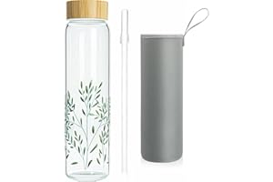 Ferexer Szklana butelka na napoje, 1 l, butelka na wodę, z bambusową pokrywką, 1 litr (zielone liście 1 l, 1000 ml)