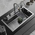 Hardstone 304 Grade Multifunction Kitchen Sink 24 x 18 x 9 with Anti Scratch Honeycomb Design, Integrated Waterfall & Pull-Out Faucet Set-Stainless Steel Sink with Cup washer and Drain Baskets