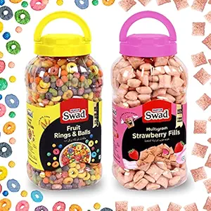 Swad Strawberry Fills & Fruit Balls N Balls (Wholegrain Chocolate Breakfast Cereal Chocos Kids) 2 Jars, 680 g