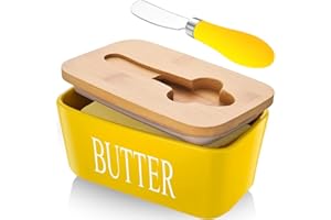 CCHONG Ceramic Butter Dish with Lid and Knife Porcelain Butter Container with Butter Cutter Butter Knife Easy Spread Kitchen Accessories Tableware (Yellow)