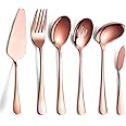 HOMQUEN 6-Piece Copper Serving Flatware Silverware Set,Stainless Steel Serving Utensil Set,Include Cake Server, Slotted Serving Spoon, Serving Spoon, Cold Meat Fork, Butter Knife, Soup Ladle