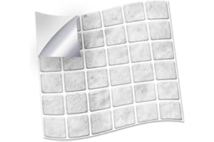 WALPLUS 24pcs 15x15cm Lux Touch Light Marble Mosaic Wall Tile Sticker Set White Grey Aluminium Film Peel and Stick Backsplash Decals Home Decors Splashback for Kitchen Bathroom Tiles Paint Stick on
