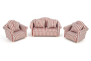 ATYHAO 3 pièces Meubles de Maison de Poupée, 1:12 Mini Décoration de Maison de Poupée Ensemble de Canapé à Rayures Or Rouge Orange avec 4 Oreillers
