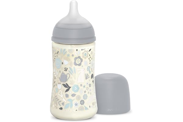 Suavinex, Biberon 270 ml, Biberon avec Tétine Symétrique SX Pro en Silicone à Débit Moyen (M), avec Valve Anti-Colique. Silicone Fin Ultra-Doux. Pour Bébés, +3 Mois, Wonderland Bleu Floral