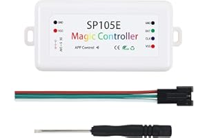 VIPMOON SP105E Contrôleur de Bluetooth LED DC 5V-24V pour Bande LED IC WS2811 WS2812 WS2801 LPD6803,iOS/Android APP Contrôleur 200 modes,DIY pour ajuster Couleur,Eclat,Vitesse,facile à utiliser.
